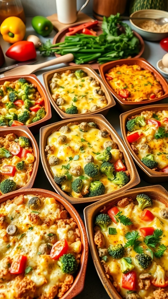 Top 10 Dinner Casserole Recipes A variety of casseroles including chicken, beef, and vegetable dishes, displayed in baking dishes on a kitchen counter.